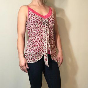 Pink Floral Chiffon Asymmetrical Layered Tank Top